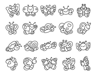 Gülümseyen kawaii kelebeği. Boyama sayfası. Tatlı çizgi film komik böcekler. El çizimi stili. Vektör çizimi. Tasarım elementlerinin koleksiyonu.