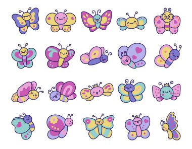 Gülümseyen kawaii kelebeği. Tatlı çizgi film komik böcekler. El çizimi stili. Vektör çizimi. Tasarım elementlerinin koleksiyonu.
