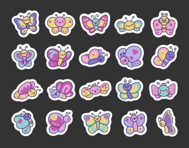 Gülümseyen kawaii kelebeği. Etiket Yer İmi. Tatlı çizgi film komik böcekler. El çizimi stili. Vektör çizimi. Tasarım elementlerinin koleksiyonu.