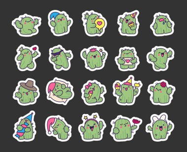 Komik kaktüs. Etiket Yer İmi. Sevimli gülümseyen karoon karakterler. El çizimi stili. Vektör çizimi. Tasarım elementlerinin koleksiyonu.