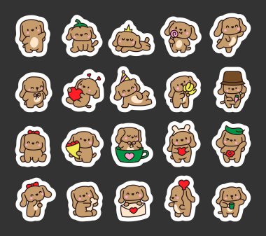 Şirin kawaii küçük köpeği. Etiket Yer İmi. Evcil hayvan çizgi film karakteri. El çizimi stili. Vektör çizimi. Tasarım elementlerinin koleksiyonu.