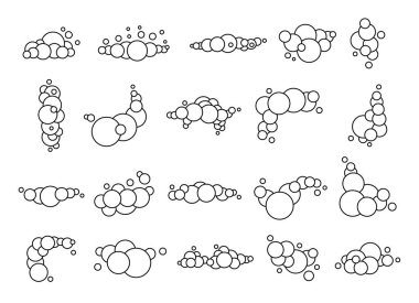 Köpüklü sabun köpüğü. Boyama sayfası. Banyo köpükleri, şampuan, tıraş köpüğü. Bulutlu kare ve köşe. El çizimi stili. Vektör çizimi. Tasarım elementlerinin koleksiyonu.
