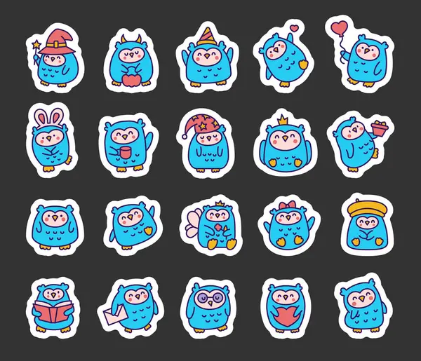 Cute Kawaii Owl Sticker Bookmark Cartoon Funny Wild Animals Character — Stock Vector