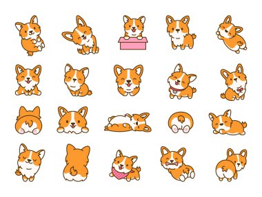 Şirin kawaii corgi sosisi. Komik köpek yavrusu hayvan karakterleri. El çizimi stili. Vektör çizimi. Tasarım elementlerinin koleksiyonu.