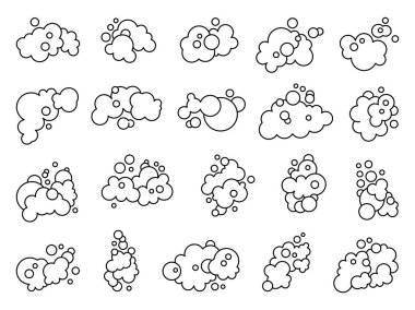 Sabundan ya da buluttan köpük. Boyama sayfası. Farklı şekillerde kabarcıklar. El çizimi stili. Vektör çizimi. Tasarım elementlerinin koleksiyonu.