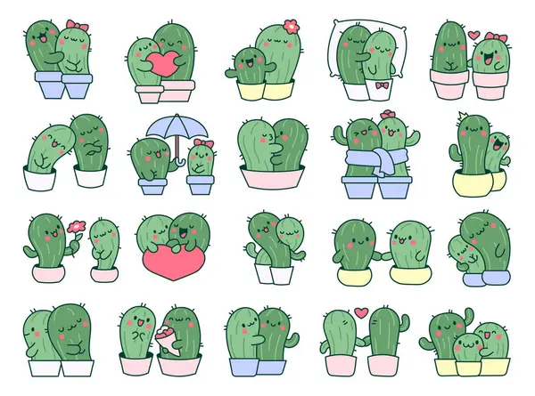 Kawaii Kaktuskram Söta Tecknade Kaktuspar Förälskade Roliga Växtfigurer Krukor Handritad — Stock vektor
