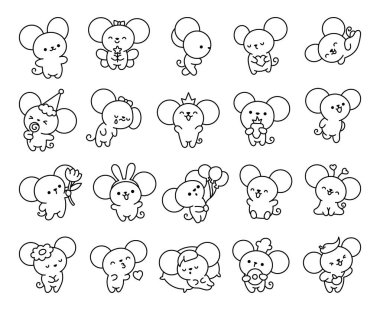 Şirin kawaii faresi. Boyama sayfası. Çizgi film mutlu yavru fare karakterleri. El çizimi stili. Vektör çizimi. Tasarım elementlerinin koleksiyonu.