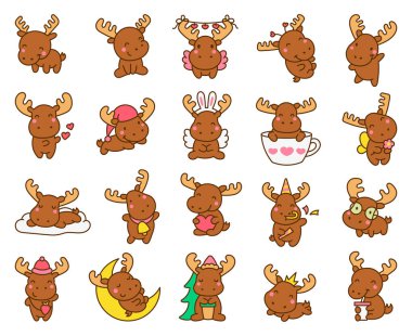 Şirin kawaii geyik karakteri. Çizgi film komik vahşi hayvan. El çizimi stili. Vektör çizimi. Tasarım elementlerinin koleksiyonu.
