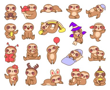 Şirin kawaii bebek miskin. Çizgi film komik hayvan karakteri. El çizimi stili. Vektör çizimi. Tasarım elementlerinin koleksiyonu.