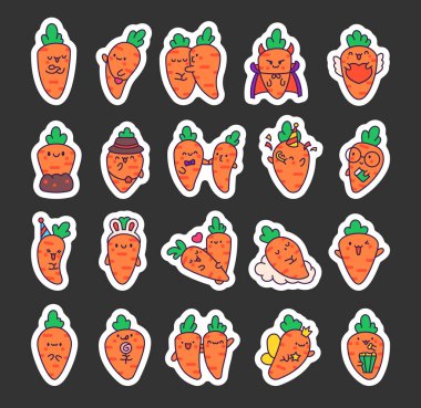 Komik yüzlü Kawaii havucu. Etiket Yer İmi. Sevimli çizgi film mutlu yemek karakterleri. El çizimi stili. Vektör çizimi. Tasarım elementlerinin koleksiyonu.
