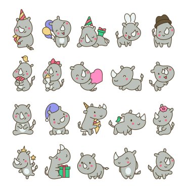 Tatlı kawaii gergedanı. Çizgi film gergedanları. Hayvan karakteri. El çizimi stili. Vektör çizimi. Tasarım elementlerinin koleksiyonu.