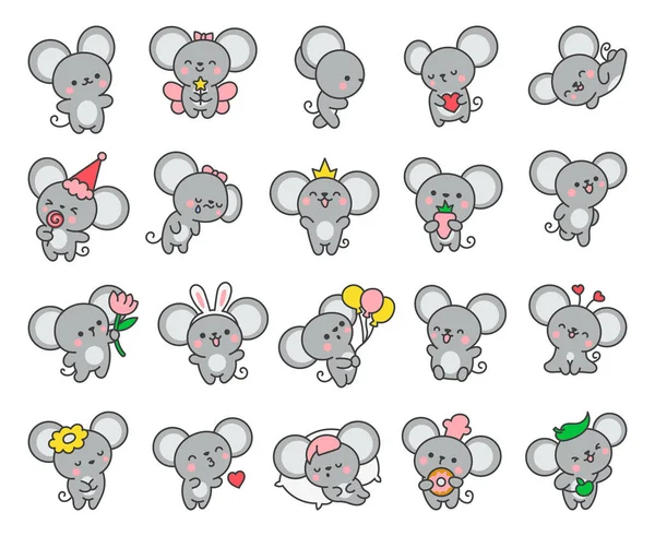 Cute Kawaii Mouse Cartoon Happy Baby Rat Characters Hand Drawn — Stock Vector