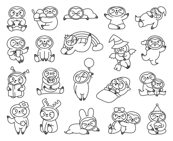 Cute Kawaii Baby Sloth Coloring Page Cartoon Funny Animal Character — Stock Vector