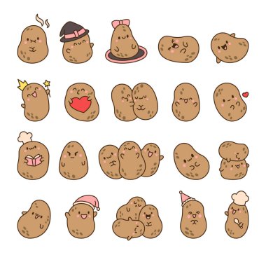 Sevimli, mutlu patates karakteri. Komik suratlı çizgi film kawaii yemeği. El çizimi stili. Vektör çizimi. Tasarım elementlerinin koleksiyonu.