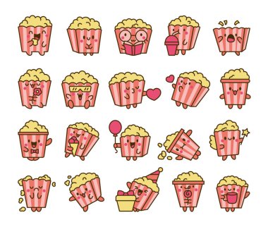 Şirin kawaii patlamış mısır karakteri. Çizgili komik çizgili kova dolusu çıtır yemek. El çizimi stili. Vektör çizimi. Tasarım elementlerinin koleksiyonu.