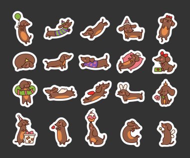 Mutlu kawaii dachshund 'lar. Etiket Yer İmi. Tatlı çizgi film köpek karakterleri. El çizimi stili. Vektör çizimi. Tasarım elementlerinin koleksiyonu.