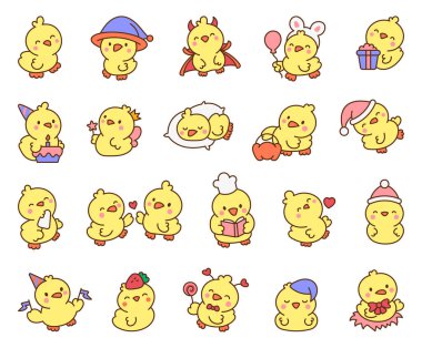 Şirin kawaii civcivi. Çizgi film yavru çiftlik kuşları karakterleri. El çizimi stili. Vektör çizimi. Tasarım elementlerinin koleksiyonu.