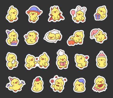 Şirin kawaii civcivi. Etiket Yer İmi. Çizgi film yavru çiftlik kuşları karakterleri. El çizimi stili. Vektör çizimi. Tasarım elementlerinin koleksiyonu.