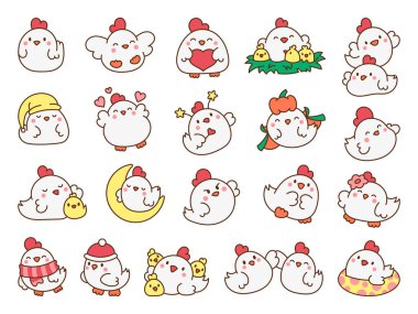 Şirin kawaii tavuğu. Çizgi film çiftlik kuşu karakterleri. Komik evcil hayvanlar. El çizimi stili. Vektör çizimi. Tasarım elementlerinin koleksiyonu.