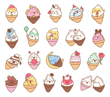 Tatlı kawaii dondurma karakterleri. Gülen tatlı tatlı çizgi film. El çizimi stili. Vektör çizimi. Tasarım elementlerinin koleksiyonu.