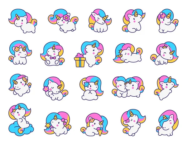 Cute Kawaii Little Unicorn Fairy Tale Cartoon Happy Pony Characters — Stock Vector
