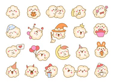 Gülümseyen tatlı kawaii patlamış mısırı. Çizgi film komik yemek karakteri. El çizimi stili. Vektör çizimi. Tasarım elementlerinin koleksiyonu.