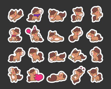 Şirin kawaii midillisi. Etiket Yer İmi. Çizgi film komik bebek at karakterleri. El çizimi stili. Vektör çizimi. Tasarım elementlerinin koleksiyonu.