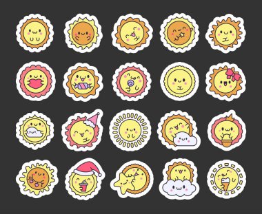 Yüzü güzel kawaii güneşi. Etiket Yer İmi. Gülen çizgi film karakterleri. El çizimi stili. Vektör çizimi. Tasarım elementlerinin koleksiyonu.