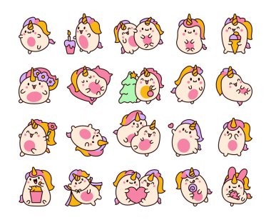 Şirin kawaii tek boynuzlu atı. Peri masalı mutlu midilli karakterleri. El çizimi stili. Vektör çizimi. Tasarım elementlerinin koleksiyonu.