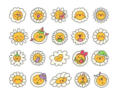 Şirin kawaii papatya çayı. Gülen suratlı mutlu çiçek karakteri. El çizimi stili. Vektör çizimi. Tasarım elementlerinin koleksiyonu.