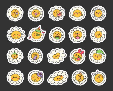 Şirin kawaii papatya çayı. Etiket Yer İmi. Gülen suratlı mutlu çiçek karakteri. El çizimi stili. Vektör çizimi. Tasarım elementlerinin koleksiyonu.