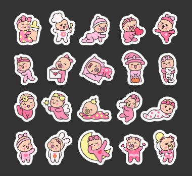 Sevimli bir kız bebek. Etiket Yer İmi. Çizgi film karakteri. El stili. Vektör çizimi. Tasarım elementlerinin koleksiyonu.