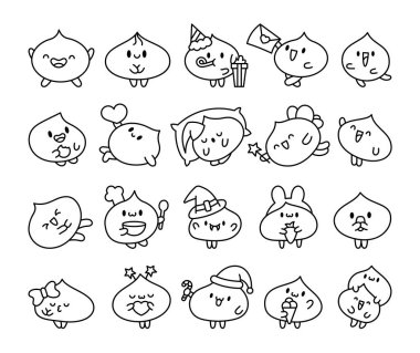 Farklı yüz ifadeleri olan tatlı hamur köftesi karakterleri. Boyama sayfası. Çin yemeği. El çizimi stili. Vektör çizimi. Tasarım elementlerinin koleksiyonu.