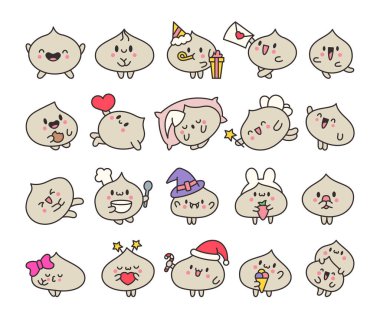 Farklı yüz ifadeleri olan tatlı hamur köftesi karakterleri. Çin yemeği. El çizimi stili. Vektör çizimi. Tasarım elementlerinin koleksiyonu.