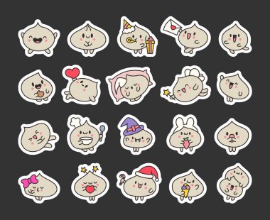 Farklı yüz ifadeleri olan tatlı hamur köftesi karakterleri. Etiket Yer İmi. Çin yemeği. El çizimi stili. Vektör çizimi. Tasarım elementlerinin koleksiyonu.