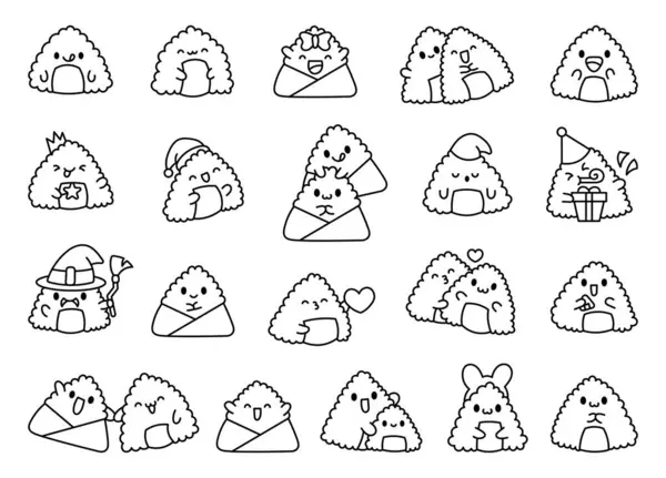 Cute Kawaii Onigiri Coloring Page Funny Sushi Cartoon Character Asian — Stock Vector