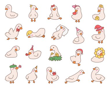 Şirin kawaii kaz. Çizgi film komik ördek karakterleri. El çizimi stili. Vektör çizimi. Tasarım elementlerinin koleksiyonu.