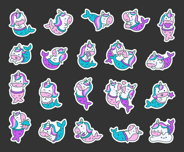 Niedliche Kawaii Einhorn Meerjungfrau Sticker Lesezeichen Vorhanden Fantasy Zeichentrickfiguren Handgezeichneter — Stockvektor