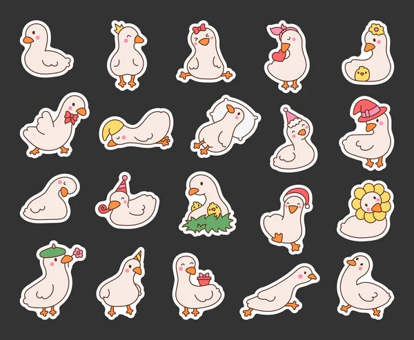 Niedliche Kawaii Gans Sticker Lesezeichen Vorhanden Lustige Comic Entenfiguren Handgezeichneter — Stockvektor