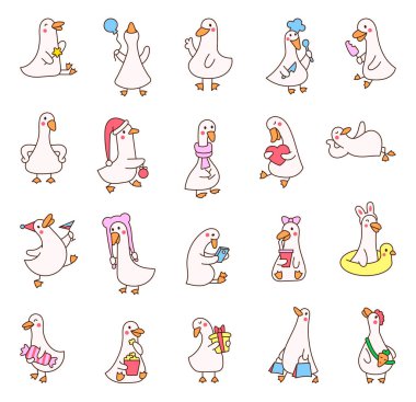 Komik çiftlik ördeği karakterleri. Şirin çizgi film kawaii kaz. El çizimi stili. Vektör çizimi. Tasarım elementlerinin koleksiyonu.
