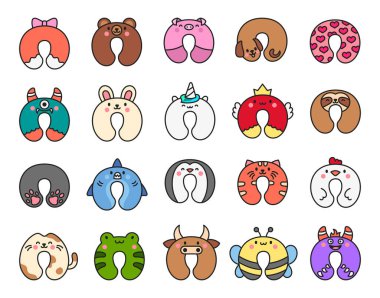 Hayvan suratlı bir boyun yastığı. Sağlıklı uykunun suç ortağı. El çizimi stili. Vektör çizimi. Tasarım elementlerinin koleksiyonu.