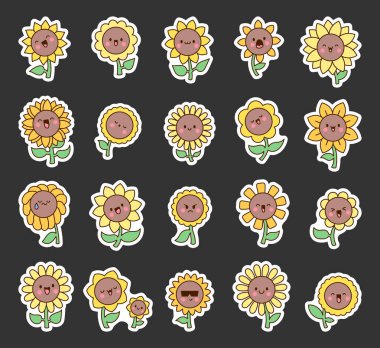Kawaii tatlı ayçiçeği. Etiket Yer İmi. Mutlu gülüşlü çizgi film karakterleri. El çizimi stili. Vektör çizimi. Tasarım elementlerinin koleksiyonu.
