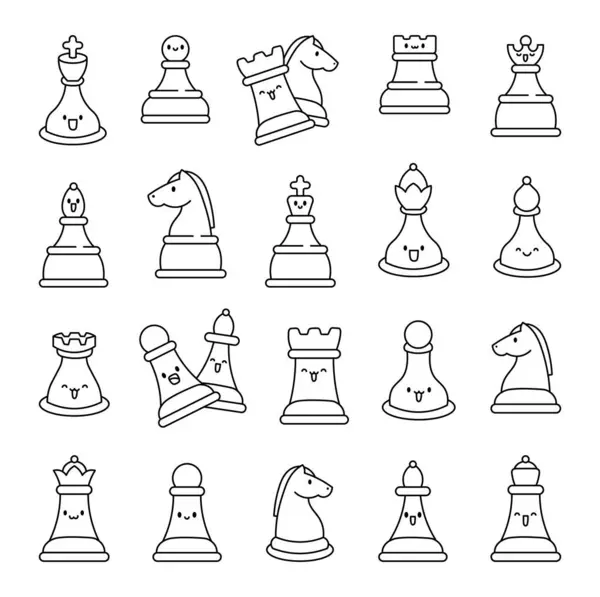 Cute Chess Pieces Happy Face Coloring Page King Queen Bishop — Stock Vector