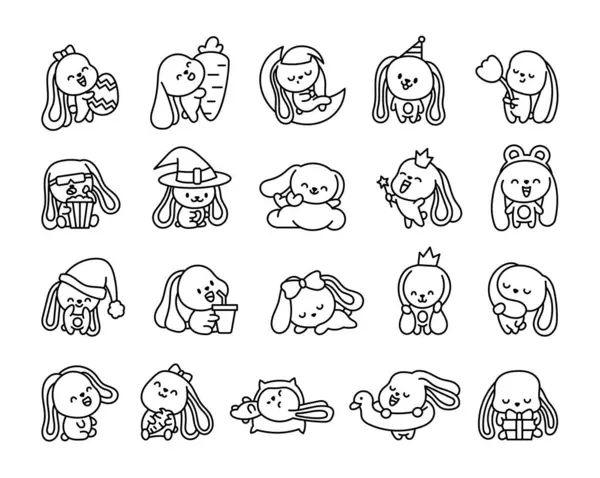 Cute Kawaii Bunny Coloring Page Cartoon Little Rabbit Characters Hand — Stock Vector