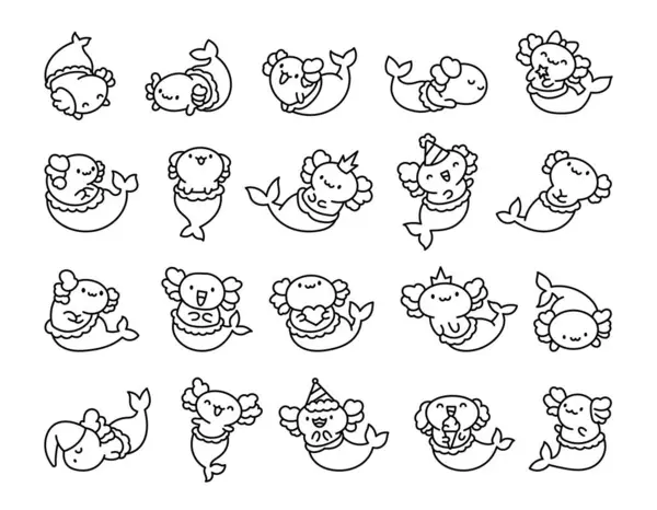 可爱的Kawaii Axolotl美人鱼 着色页 卡通奇幻动物角色 手绘风格 矢量绘图 设计要素的收集 — 图库矢量图片