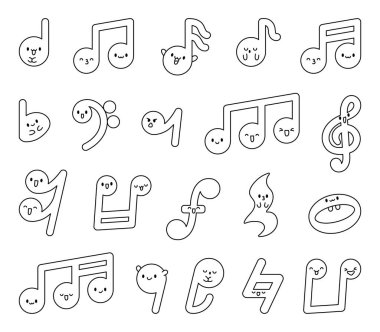 Şirin kawaii müzik notaları. Boyama sayfası. Komik çizgi film karakteri. El çizimi stili. Vektör çizimi. Tasarım elementlerinin koleksiyonu.