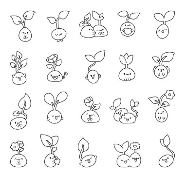 Kökleri olan sevimli kawaii tohumu. Boyama sayfası. Fasulye filizi. Çizgi film bitki yetiştirme karakterleri. El çizimi stili. Vektör çizimi. Tasarım elementlerinin koleksiyonu.