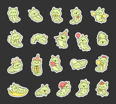 Şirin kawaii tırtılı. Etiket Yer İmi. Çizgi film küçük böcek karakterleri. El çizimi stili. Vektör çizimi. Tasarım elementlerinin koleksiyonu.