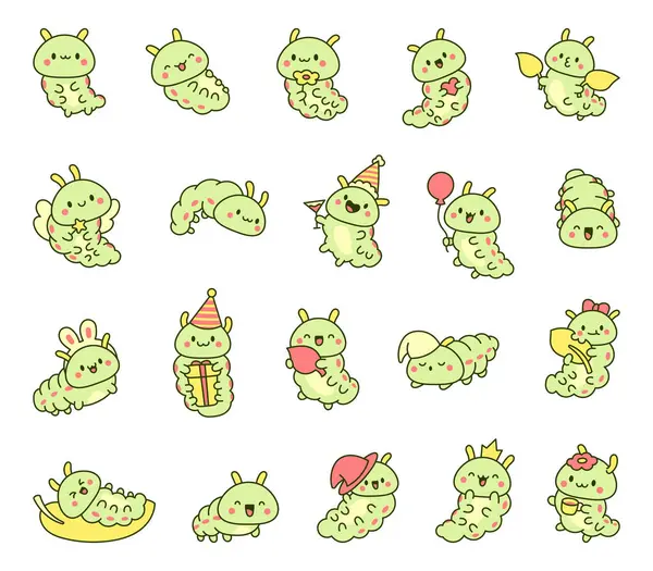 かわいいカワイキャタピラー 小さな昆虫のキャラクター 手描きスタイル ベクター図面 デザイン要素のコレクション — ストックベクタ