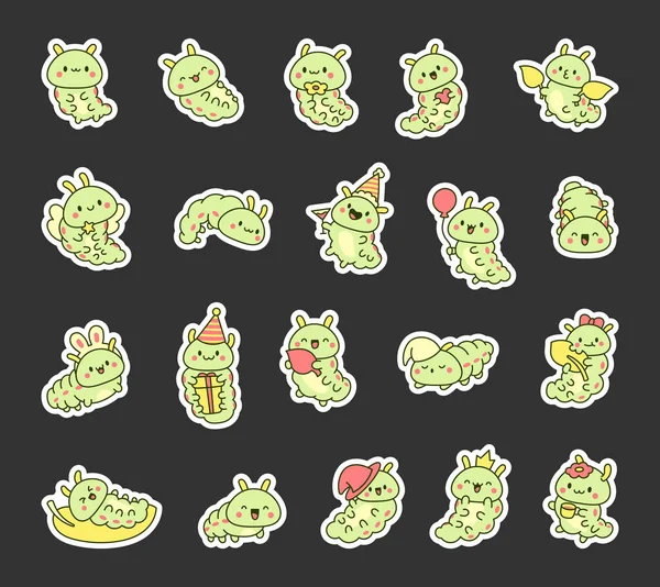 Niedliche Kawaii Raupe Sticker Lesezeichen Vorhanden Cartoon Kleine Insektenfiguren Handgezeichneter — Stockvektor